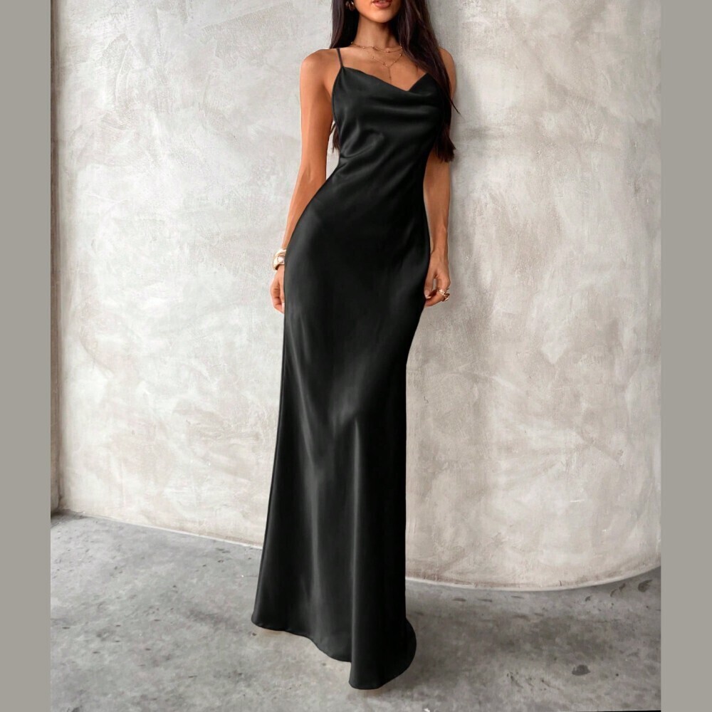 Black Satin Cowl Neck Spaghetti Strap Maxi Dress